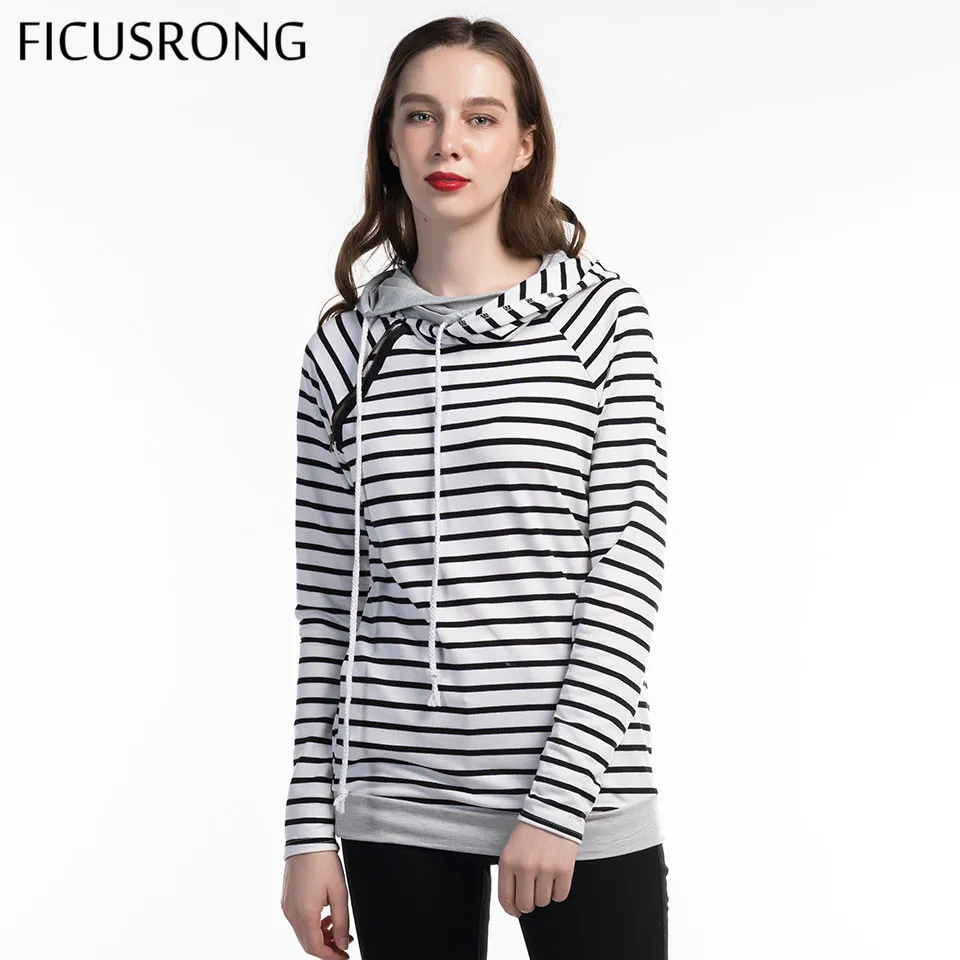 

FICUSRONG 2019 Women Hoodies Sweatshirt Spring Autumn Ladies Causal Striped Patchwork Slim Tops Long Sleeve Pullover Coat