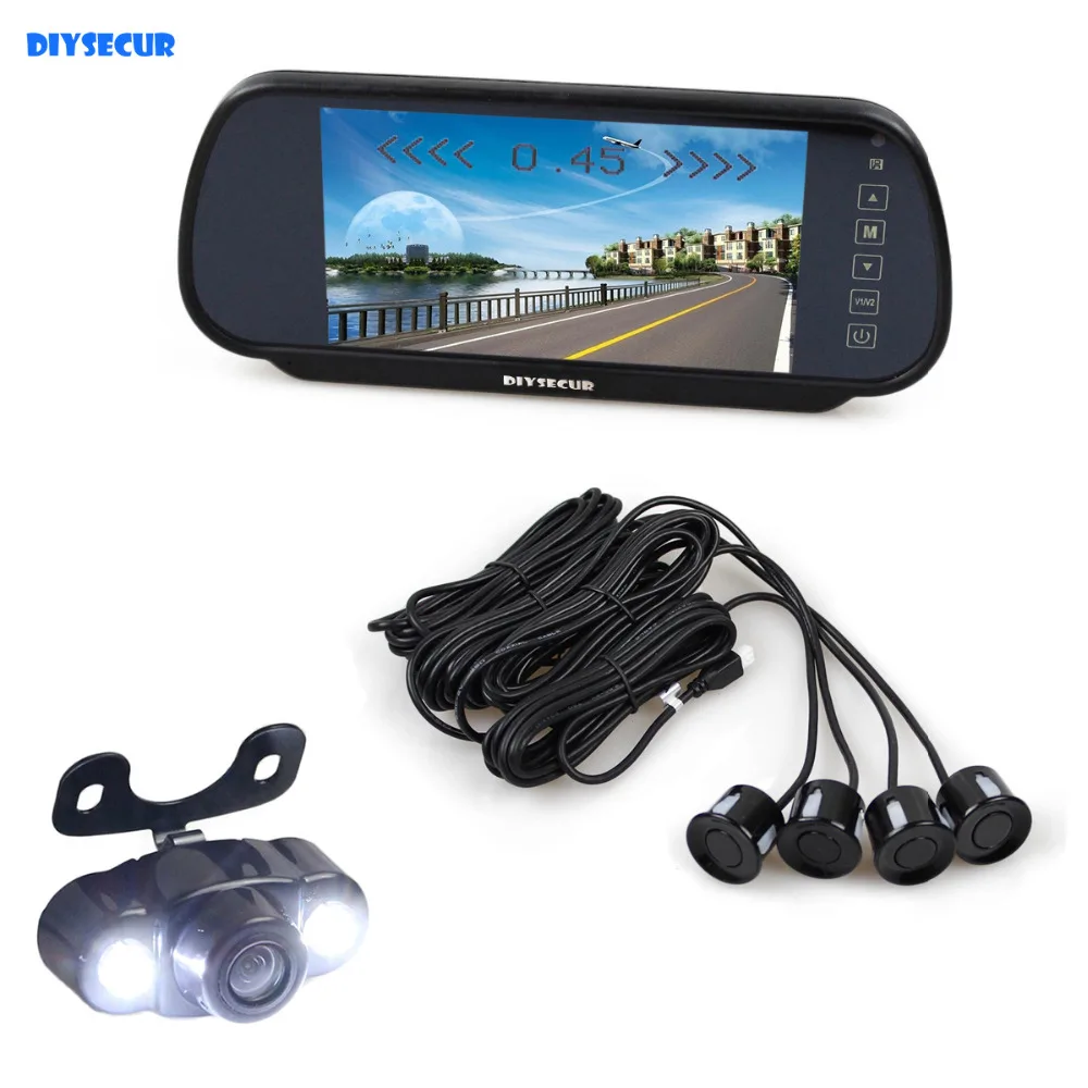 

DIYSECUR Video Parking Radar 4 Sensors + 7 inch LCD Display Mirror Car Monitor + 4 x LED Night Vision HD Rear View Car Camera