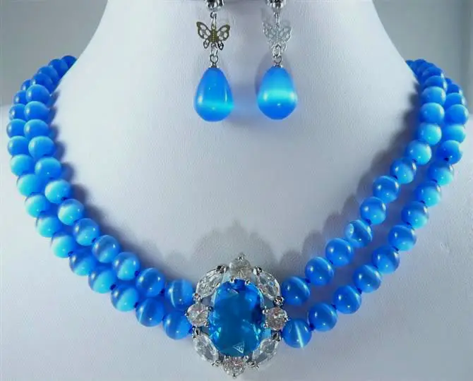 Pretty! 2 ряда 8 мм ожерелье из голубого опала серьги набор&gt 18K позолоченные часы