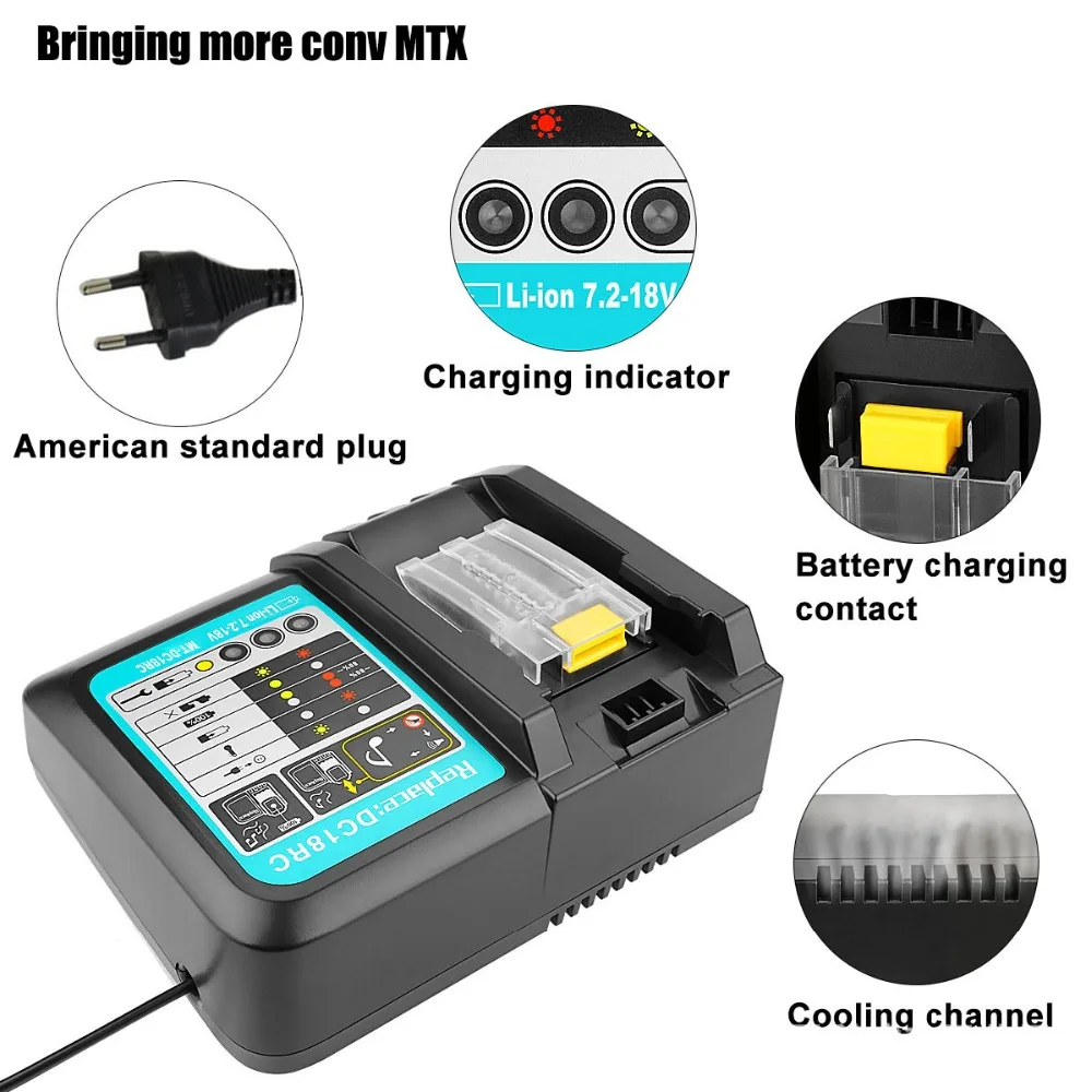 

7.2V-18V Power Tool Li-Ion Battery Charger Replacement for Makita 7.2V to 18V BL1830 BL1430 DC18SC DC18RC DC18RA with USB Port