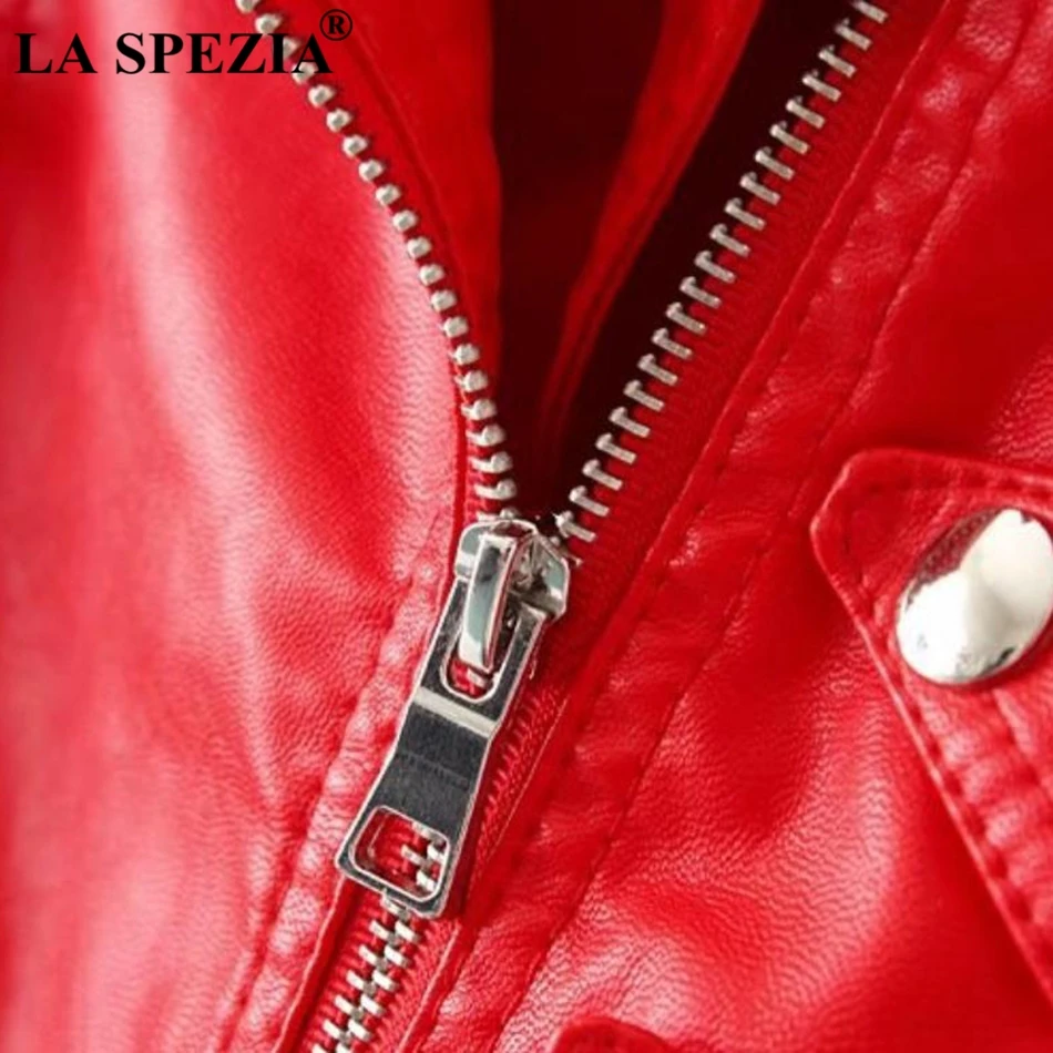 LA SPEZIA Biker Jacket Women Red Artificial Leather Jackets Ladies Belt Rivet Slim Fit Motorcycle Solid Punk Autumn Zipper Coats
