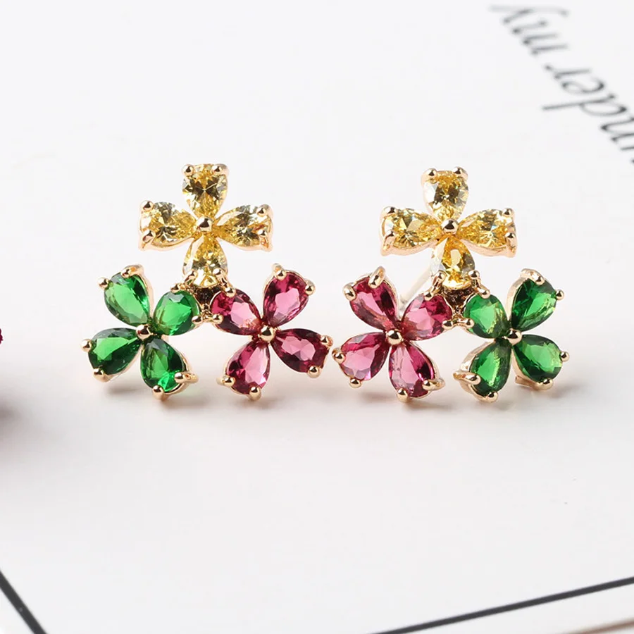 IDESTINY New Multicolor Cubic Zircon Flower Shape Design Ear Piercing Studs Jewlery For Women Gold Color Plated Bijoux Gift | Украшения и