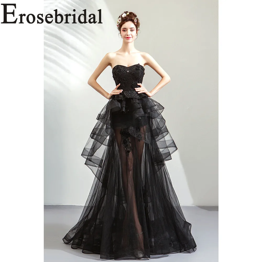 Женское длинное вечернее платье Erosebridal черное трапециевидной формы из фатина с