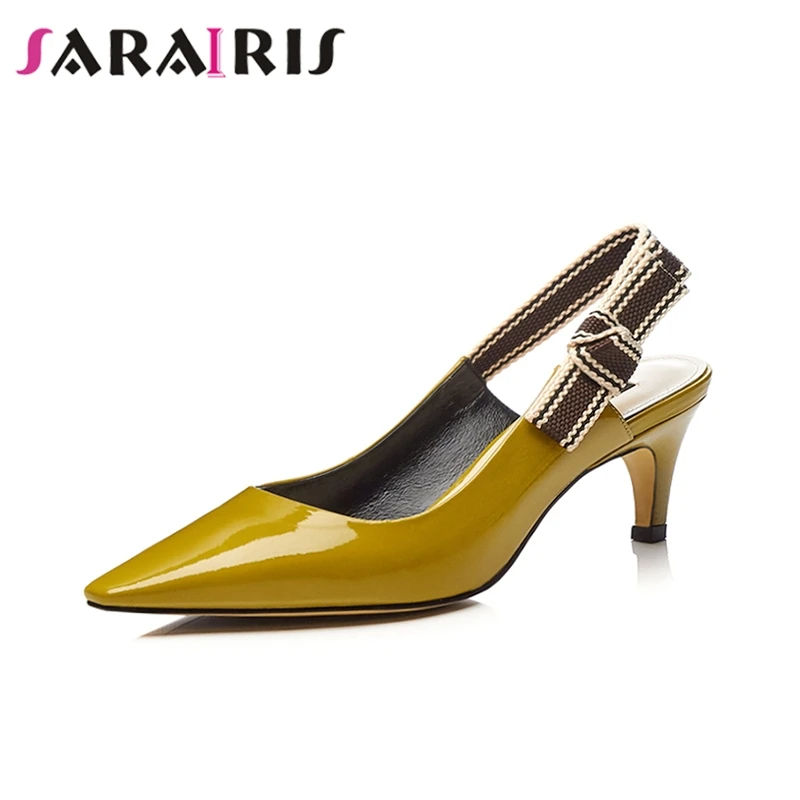 

SARAIRIS 2019 Summer Genuine Leather Brand Shoes Pointed Toe High Heels Elastic Band Ol Shoes Sandals Women Shoes Size 33-40