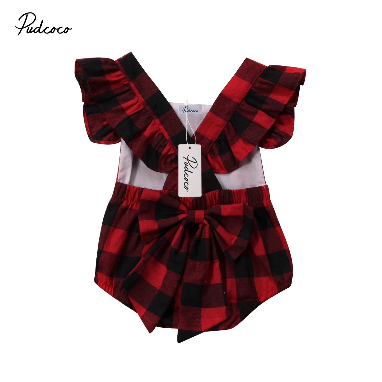 

Pudcoco Newborn Sleeveless Baby Girls Bow Romper Ruffle Plaid Backless Jumpsuit Clothes Outfit Cotton One-Piece 0-18M