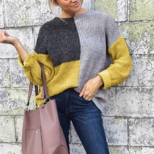 Повседневная Свободная рубашка с длинным рукавом и круглым вырезом размера плюс 4XL, женская одежда, желтая комбинированная футболка, вязаные топы, лоскутный пуловер, свитер