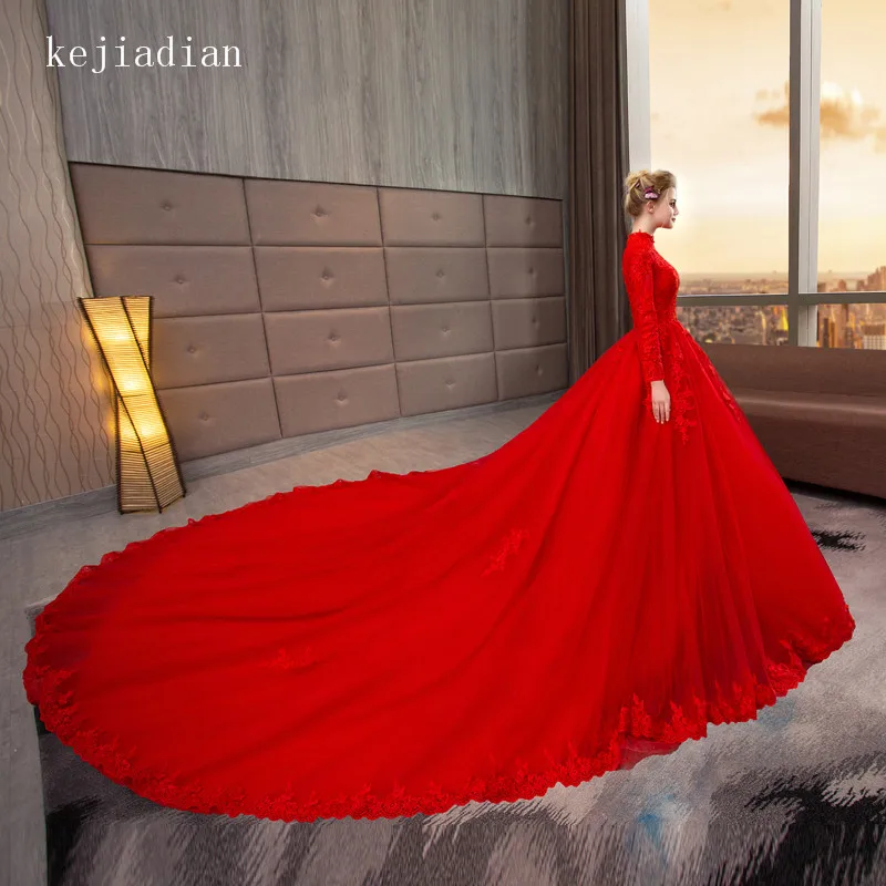 Роскошное бальное платье с высоким воротом, свадебные платья, красное, королевское свадебное платье с шлейфом, свадебное платье, vestido de noiva