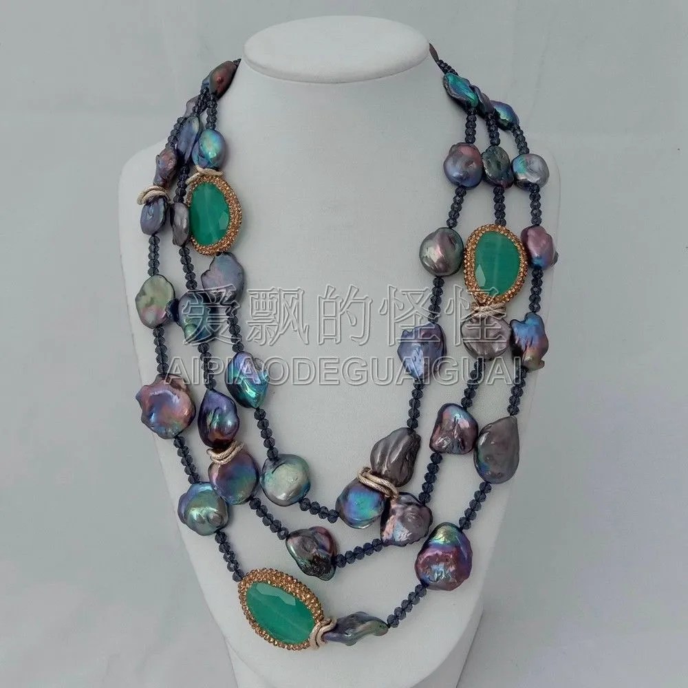 

Women's 20'' 3 Strands Black Keshi Pearl Green Cat Eye Necklace
