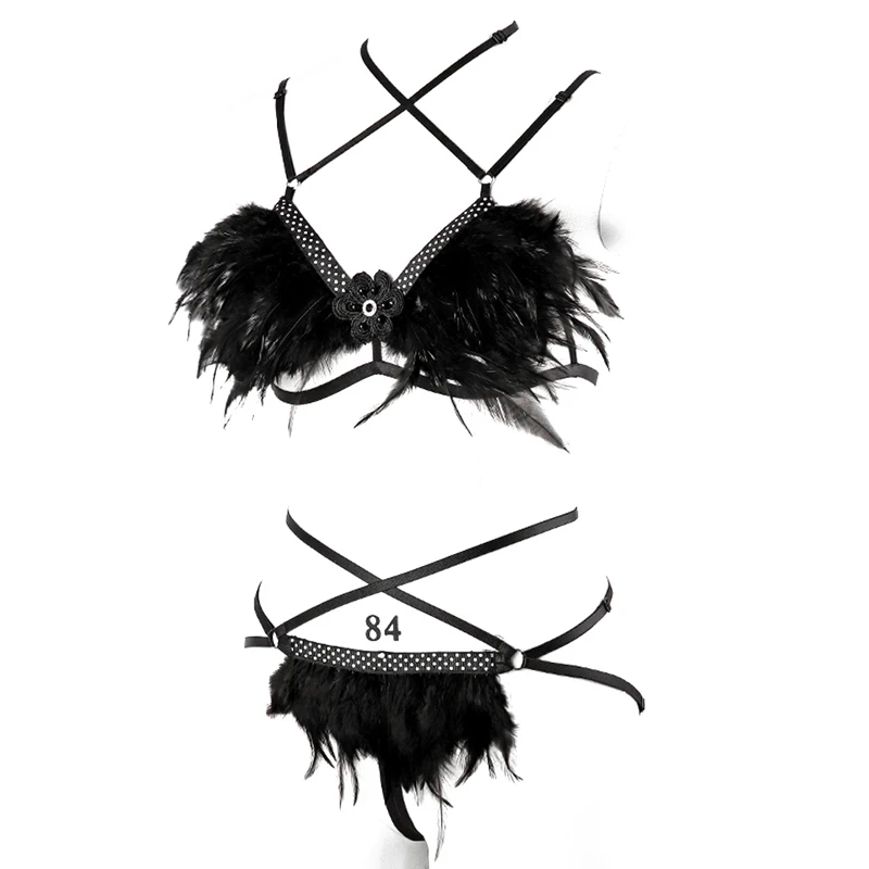 Bondage Full Sexy Body Harness Set for Women Plus Feather Harness Black Chest Bra Goth Erotic Rave Dance Fetish Cosplay Wear