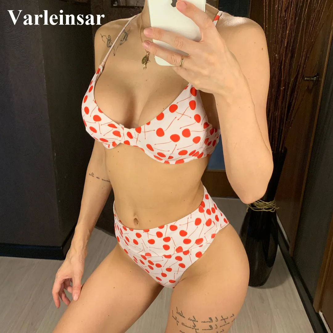 

Cherries Print High Waist Bikini 2019 Female Swimsuit Women Swimwear Two-pieces Bikini set Underwire Bather Bathing Suit V1244