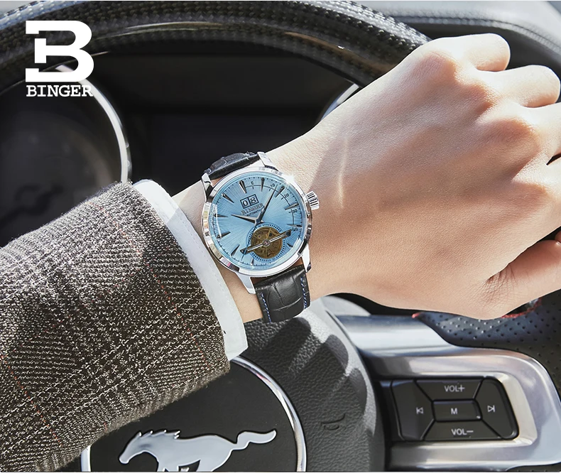 Швейцарские БИНГЕР часы Relogio Masculino автоматические часы для мужчин механический скелет Tourbillon повседневные кожаные синие часы