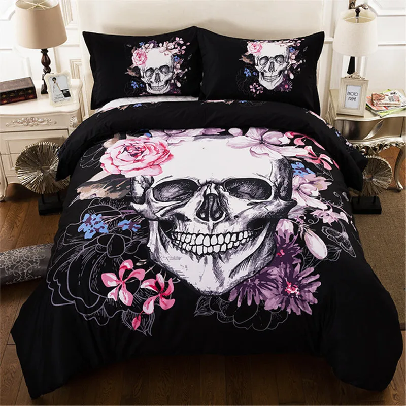 

LOVINSUNSHINE Black Color Duvet Cover Queen Size Luxury Flower Skull Bedding Set King Size 3D Skull Beddings and Bed Sets Cover