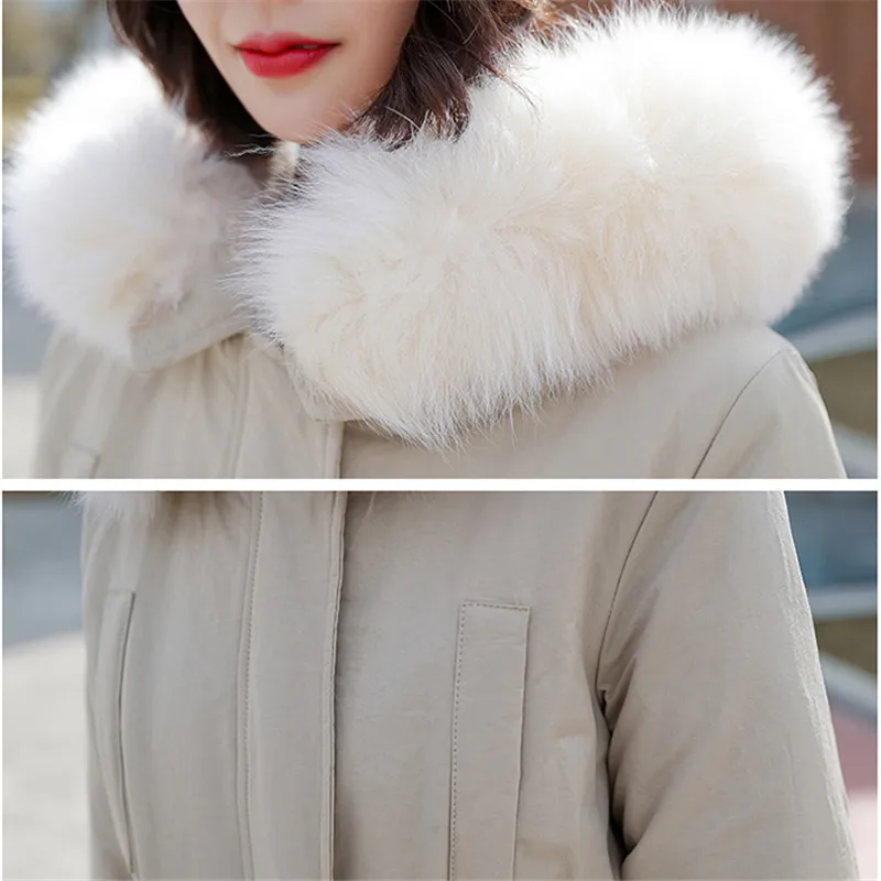 Зимняя женская верхняя одежда, новинка, средней длины, с толстым меховым воротником, женское хлопковое пальто, плюс бархатная Высококачественная Женская парка с капюшоном, Cw642