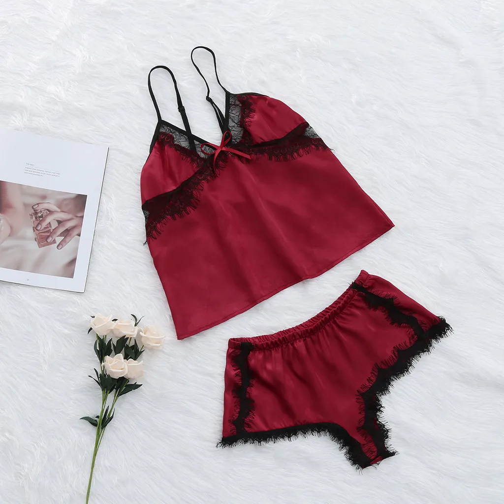 

Women's Sleepwear Sexy Satin Pajama Set Black Lace V-Neck Pyjamas Sleeveless Cute Cami Top and Short pijama mujer #TX2