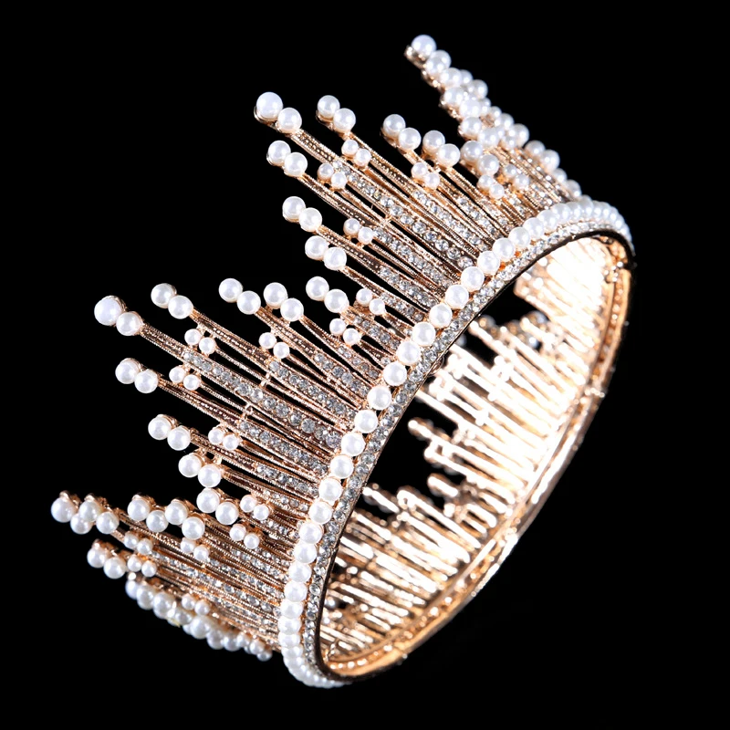 

Vintage Bridal Hair Accessory Wedding Pearl Queen Crowns Rhinestone Large Round Full Crown Tiara For Wedding Party Prom Pageant