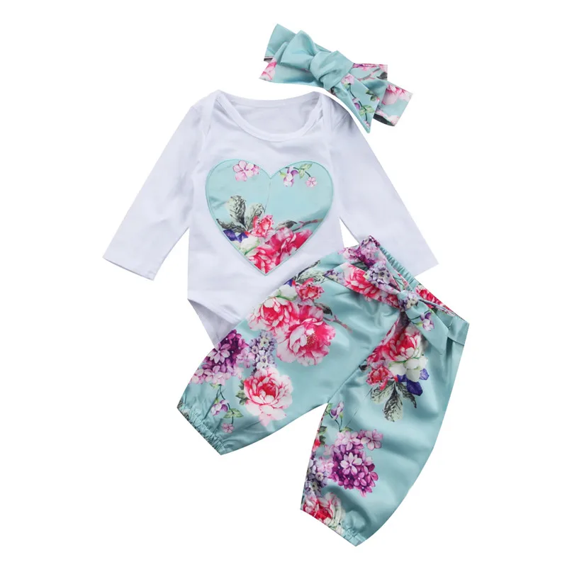 Floral Girls Summer Clothes Sets Long Sleeve Cotton Tops Romper+Floral Lace Up Pants Headband 3CPS Casual | Детская одежда и обувь