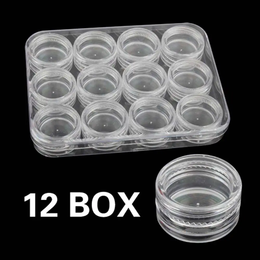 

12 Small Pots Set Nail Art Empty Storage Box Plastic Powder Paillette Crystal Clear Case AI88