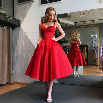 

Abendkleider Red Formal Dresses Mid Calf Length Fashion Satin Prom Gowns Off Shoulder Vestido De Festa Abiye 2019 Party Dress
