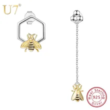 U7 Аутентичные 925 пробы серебряные милые Асимметричные шестигранные пчелы золотого цвета длинные серьги-гвоздики для женщин ювелирные изделия оптом