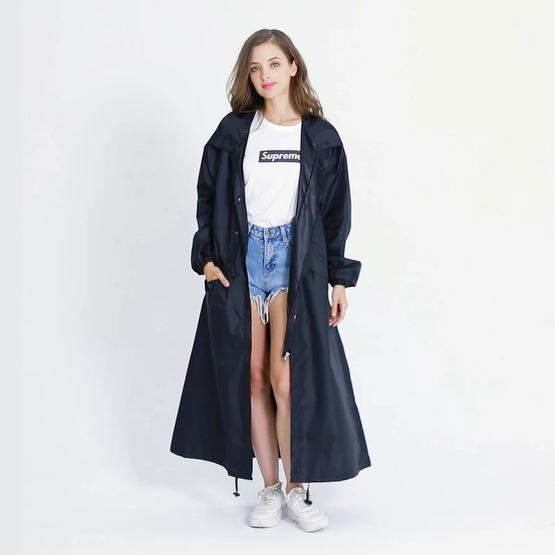 Women's Black Brand New Stylish Long Rain Poncho Waterproof Raincoat With Hood