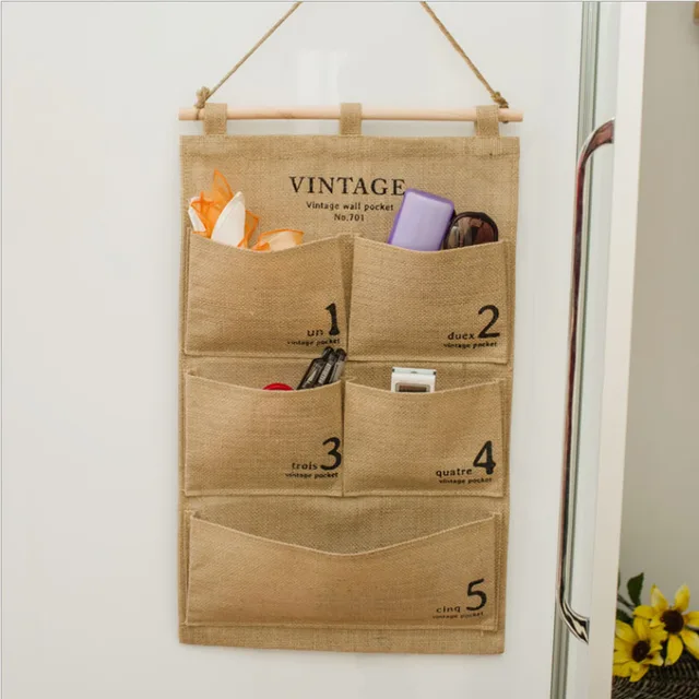 Vintage Natural Cotton Linen Fabric hanging wall pocket storage