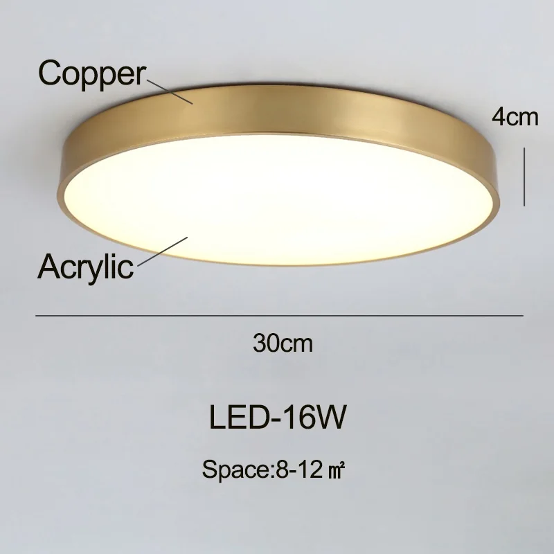 Чистый медный абажур потолочный светильник для спальни потолочная люстра с дистанционным управлением свет 4 см тонкий круглый латунный корпус акриловый абажур светильник в гостиную - Цвет корпуса: 16W 30x4cm
