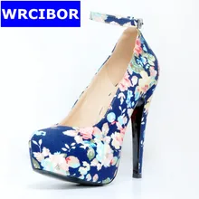 WRCIBOR 2017 Women Shoes PU leather platform pointed toe High heels Lady fashion Print flower Sexy Thin Heels Ankle Strap Pumps