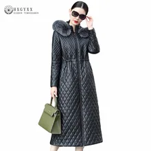 Черная X-long Зимняя коллекция, Женская куртка из овчины, Женская Стеганая куртка из натуральной кожи, теплая верхняя одежда из натурального Лисьего меха с капюшоном, Okb174