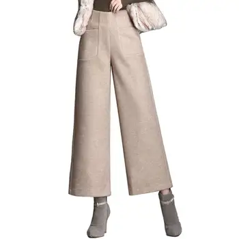 

2018 Autumn winter Plus Size Women Casual pants female high waist Woolen pants Lady Office Pants Solid Wide leg pants w1071