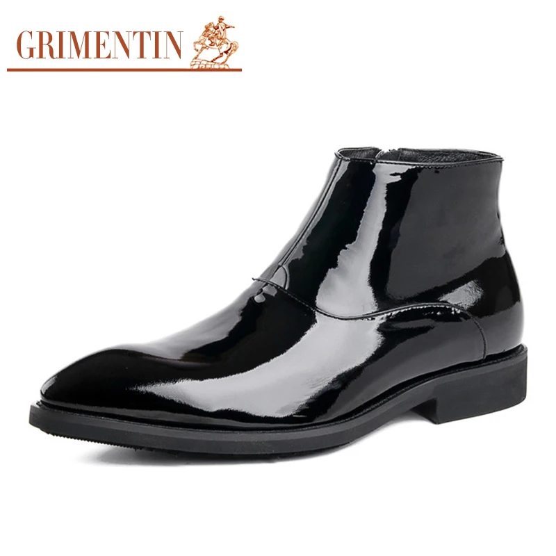 GRIMENTIN spring black men boots genuine patent leather Italy designer