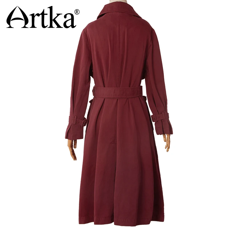 À Trench Femmes Kaki Artka Automne bourgogne Fa10072q Avec Tranchée Double Pardessus Longue Volants Vintage Ceinture Coton Femme Des Élégant Breasted Pw6xR