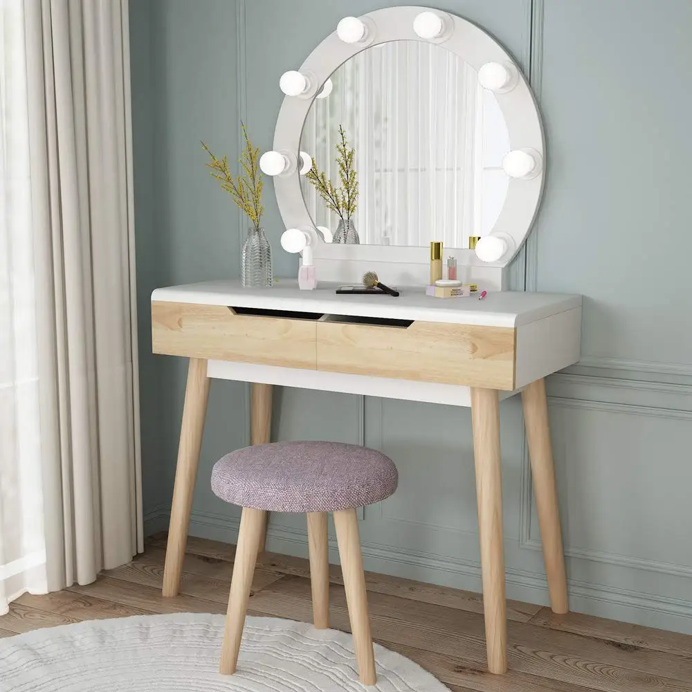 Vanity Set With Round Lighted Mirror Wood Makeup Table Dressing