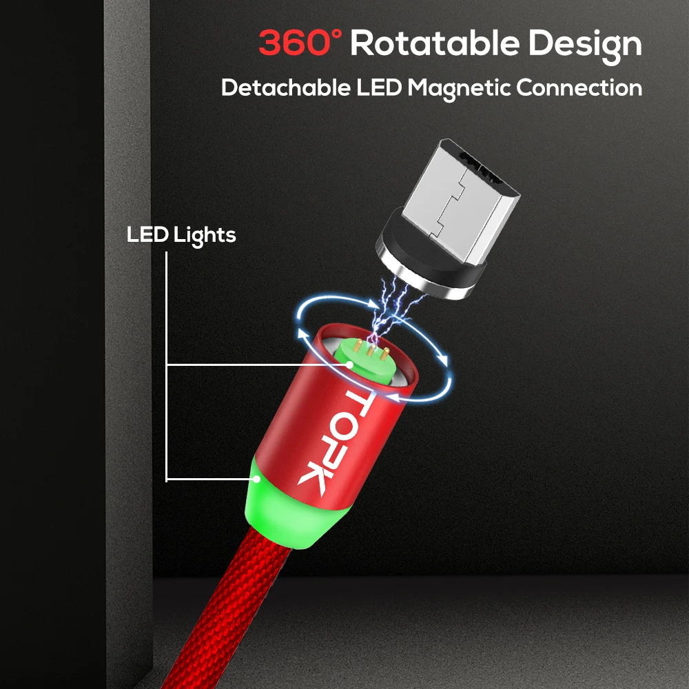TOPK новые Модернизированный Светодиодный магнитный кабель Micro USB для быстрой