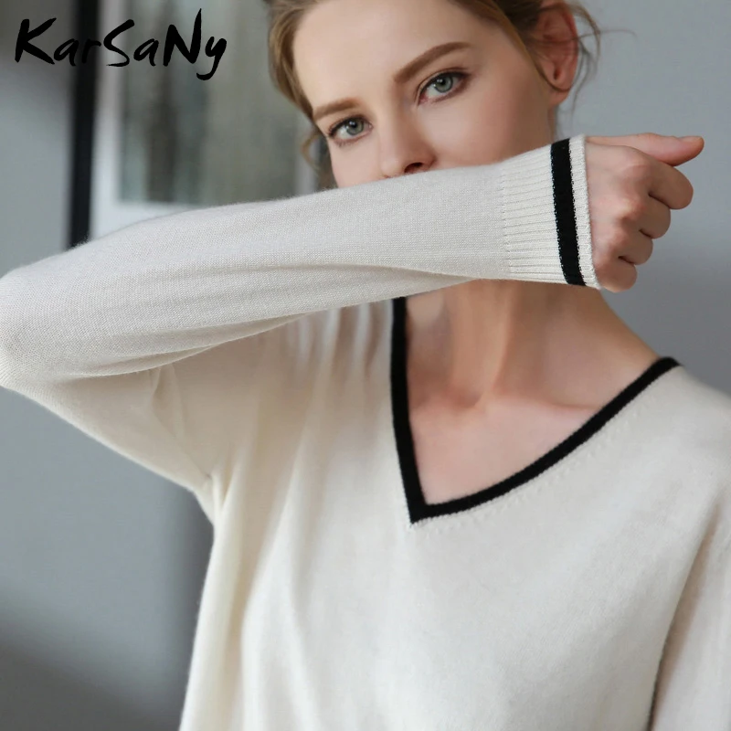 

KarSaNy V Neck Sweater Women Jumper 2019 Womens Vintage Striped Sweater Ladies Sweaters Female Winter Cashmere Sweater Women