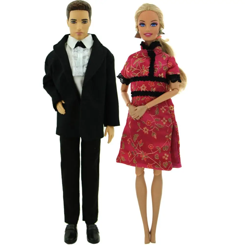 1x Exoticism Red Cheongsam Party Dress Gown + Black Tuxedo Formal Suits Clothes For Barbie Doll Ken Accessories Toy Kids | Игрушки и