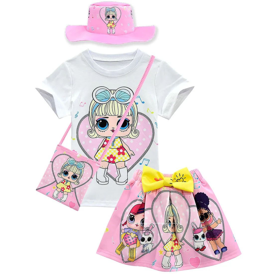 New Surprise Baby Children's Set 2019 Doll Cartoon Girl Print Short Sleeve Bag Fisherman Hat 4 Piece | Тематическая одежда и