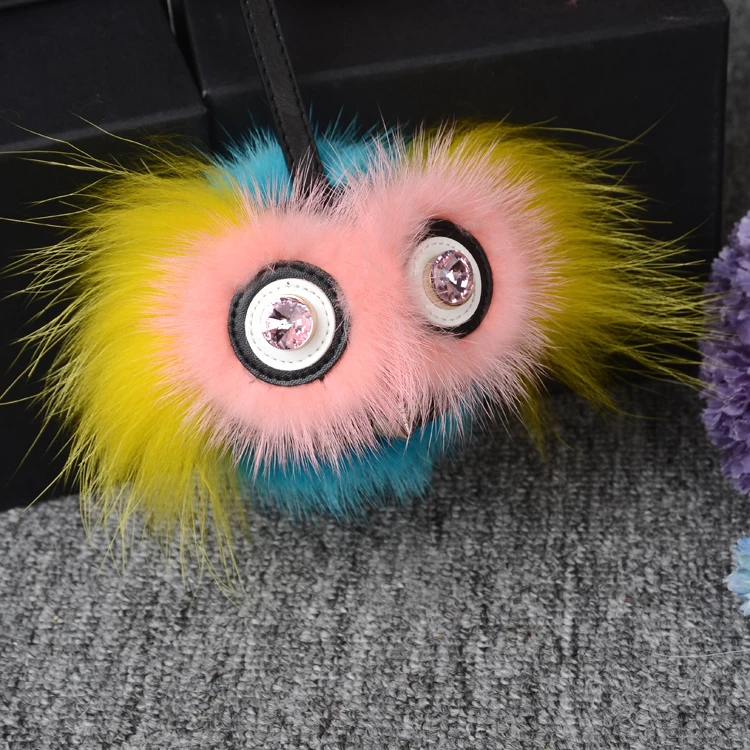 

100% New fur animal key chain bag accessories genuine mink owl wings car ornaments key pendant round PomPom ball keychains