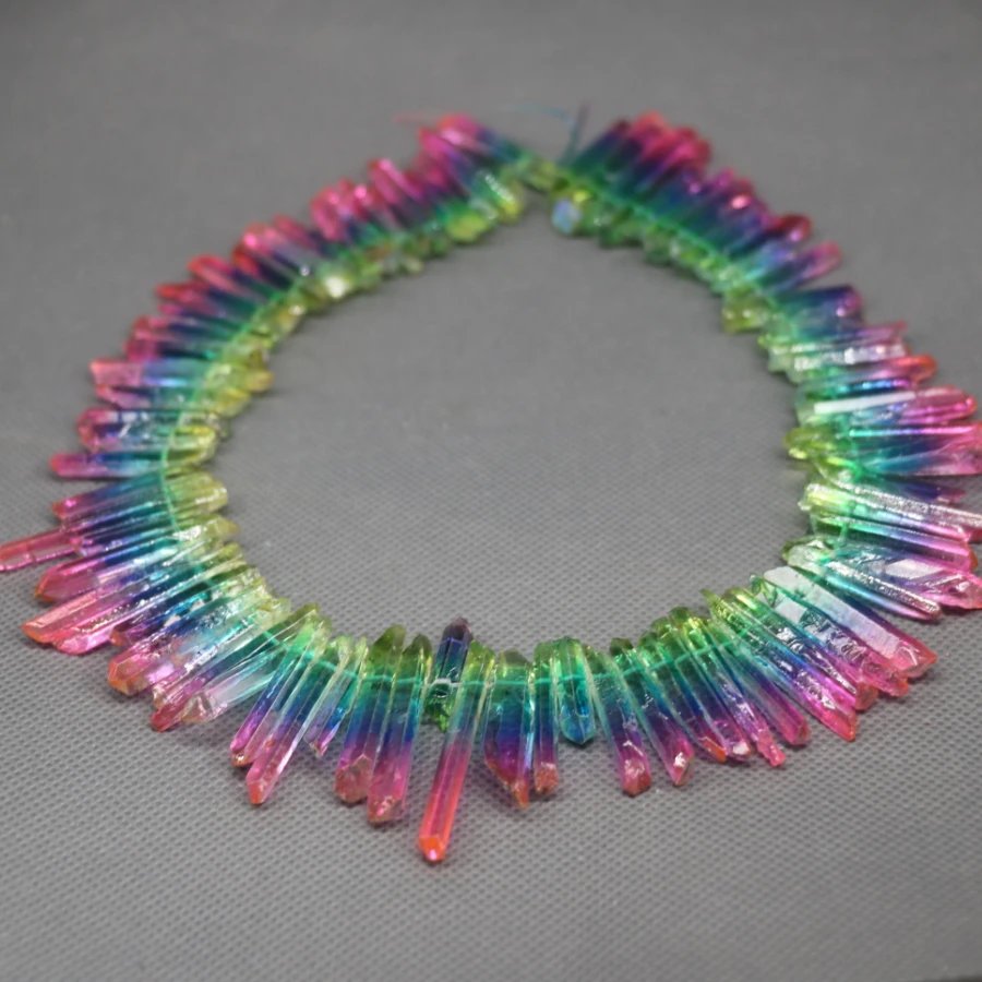 

Approx 50pcs/strand Dyed Rainbow Raw Quartz Crystal Point Pendant, gradient Rough Top Drilled Spike Gem Stone Beads Necklace