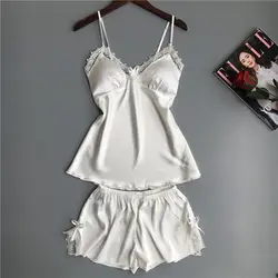 2 комплекта, Женская Сексуальная атласная Женская пижама с кружевом, открытая спина, Открытая грудь, халат шорты, одежда для сна, ночная