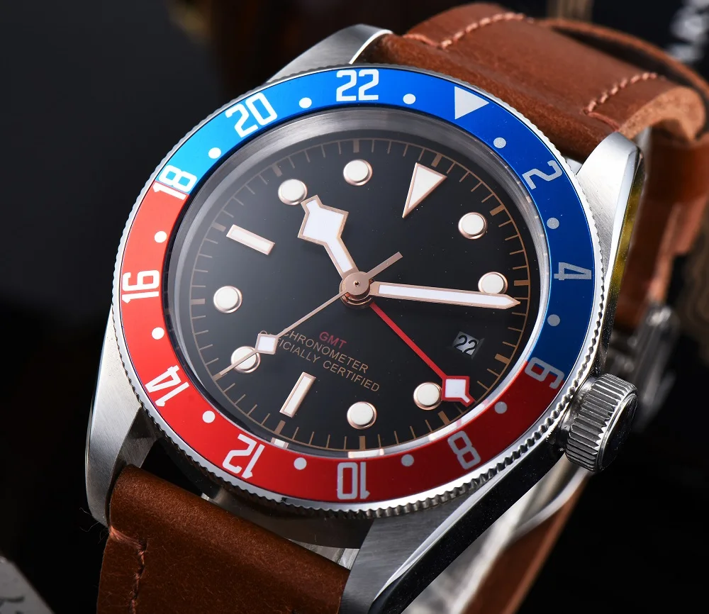 

Corgeut 41mm luminous dial rotating bezel luminous date GMT stainless steel matching automatic movement men's watch 920-A1