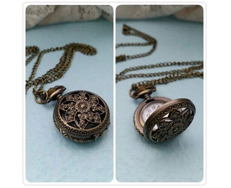 Винтажные Ретро бронзовые кварцевые карманные часы подвеска цепь ожерелье часы цветок/Корона часы Y5