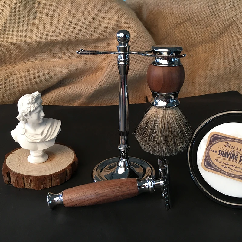 Набор для бритья, 5 шт., щетка для удаления волос, щетка для бритья, бритва, держатель для бритвы, подставка, деревянная ручка, бритва, набор для бритья, набор для мужчин