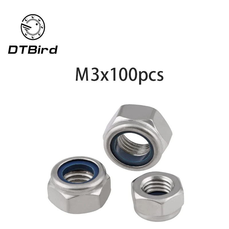 100pcs M3 Stainless Steel Nylon Insert Locking Nut Screw Lock Hexagon