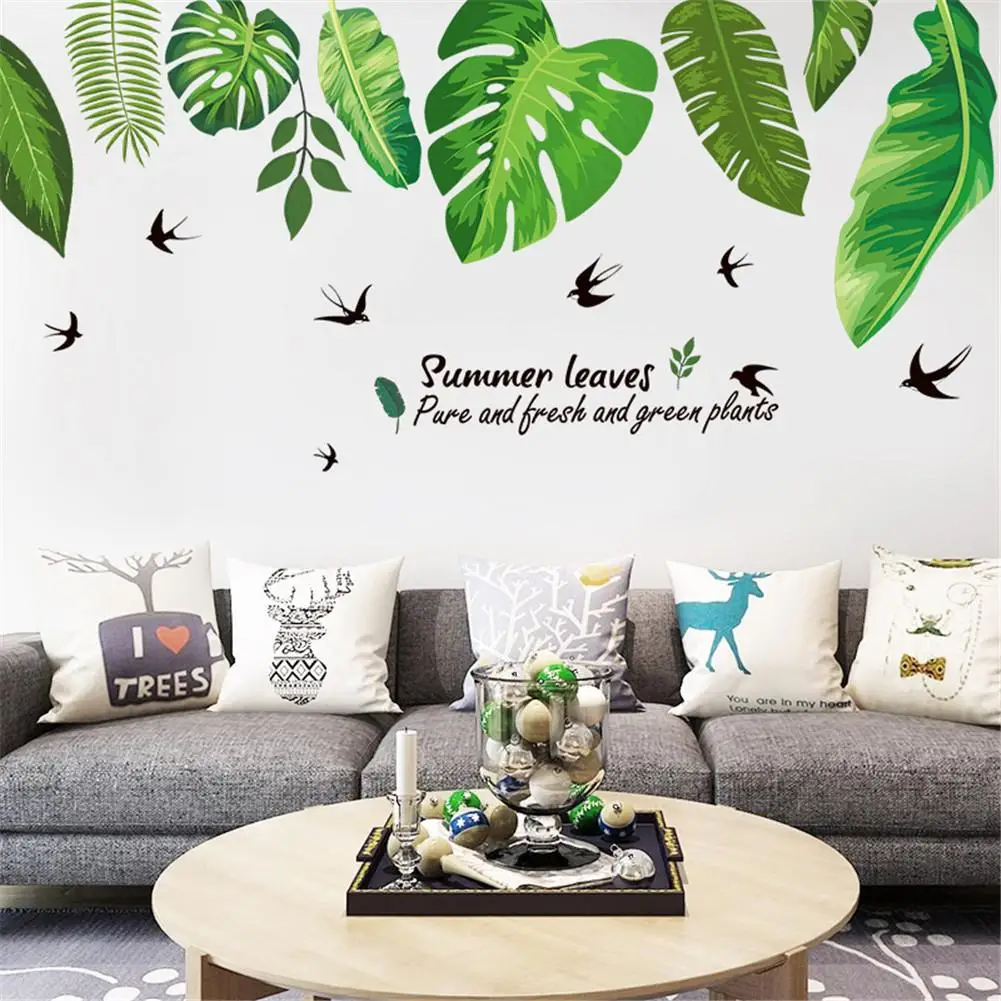 Home Tropical Jungle Green Leaves Wall Sticker Decoration Living Room Restaurant Seaside Plant Swallow Art Wall Mural Decal