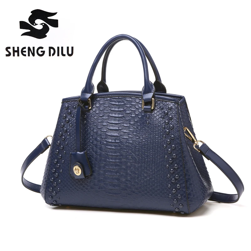 

Brand Women's Alligator Genuine Leather Purse Zipper Hard Shoulder Bag Crossbody Fit Ipad Handbag Solid Satchel Casual Blue
