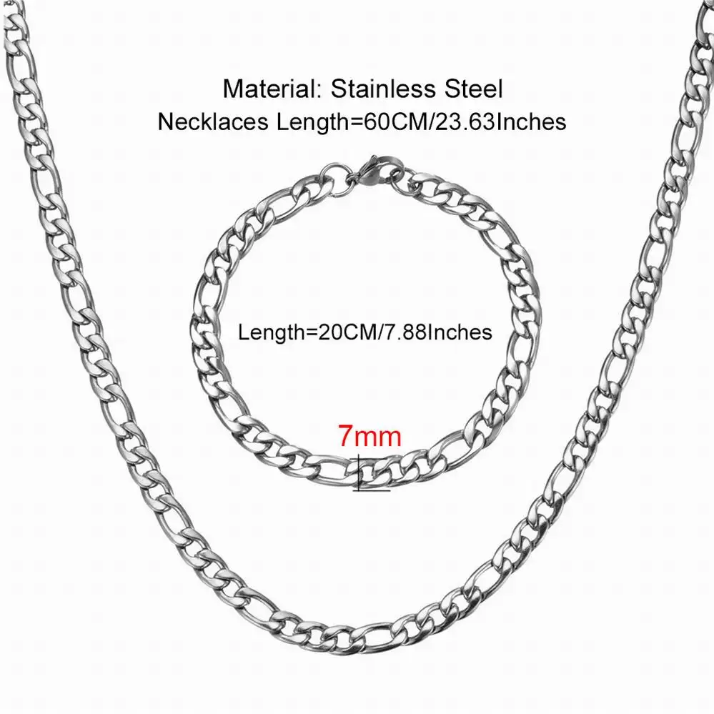 Панк стиль Figaro звено цепи нержавеющая сталь Золото Серебро Цвет браслет ожерелье наборы для мужчин подарок модные ювелирные наборы - Окраска металла: Silver Width 7mm