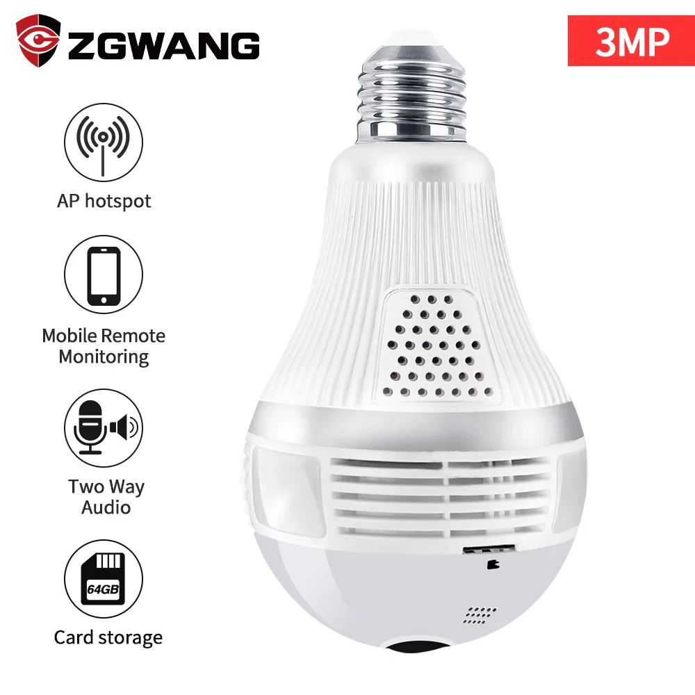 

ZGWANG High Quality Bulb Light Wifi IP Camera 3.0MP 360 Degree Full View Fisheye Wireless Home Monitor Alarm Panoramic Camera