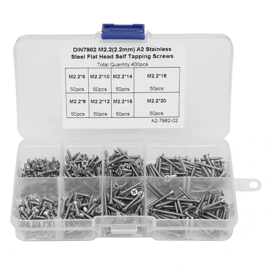 

400pcs M2.2x6/8/10/12/14/16/18/20mm Stainless Steel screw set Cross Head Countersunk Self Tapping Screws Assortment Kit