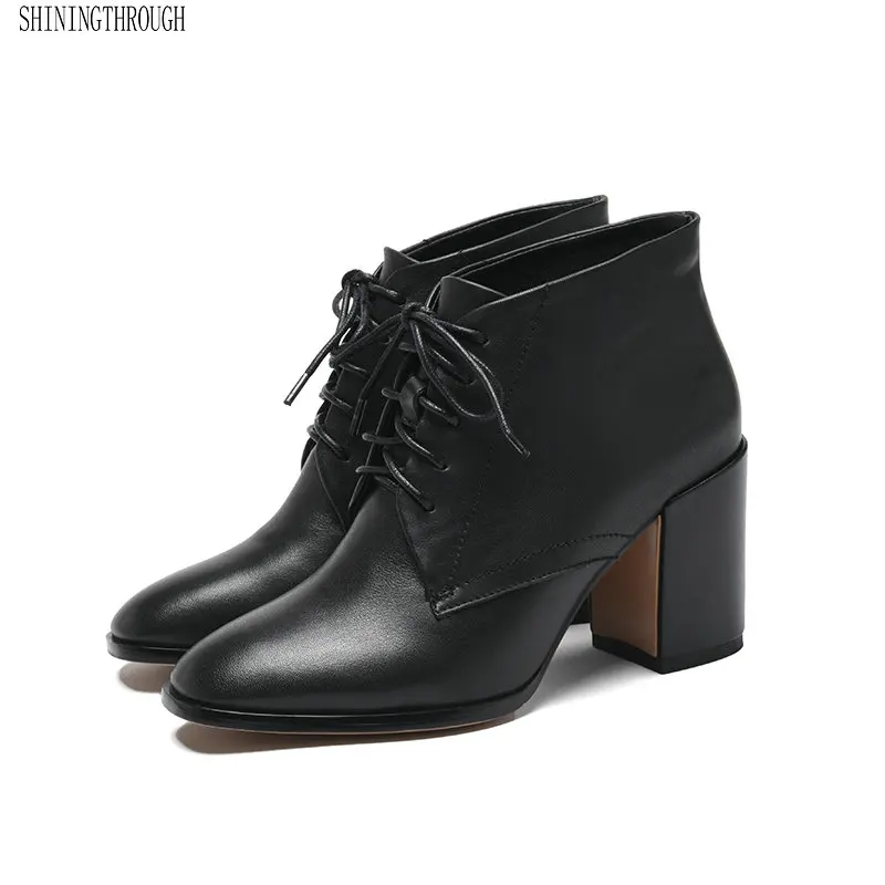 

Women Ankle Boots Autumn spring High Heels Shoes Woman Genuine Leather Cross-tied square Toe Ladies Boots