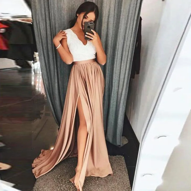 

New Champagne Long Party Skirts High Waist Sexy Side Slit Elastic Satin Floor Length Formal Skirts For Women Maxi Skirts Custom